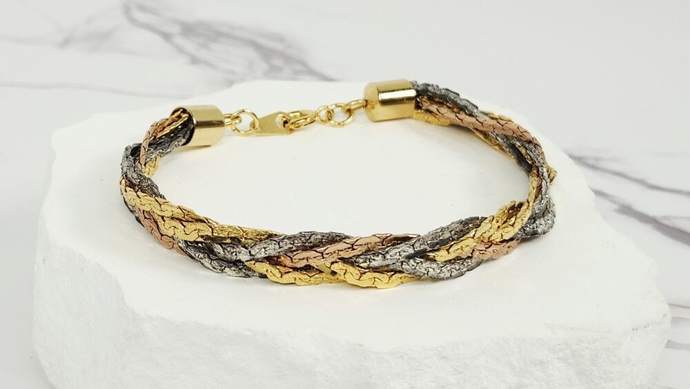Vintage Tri-Color Braided Herringbone Chain Bracelet Gold Silver Rose 7.5"